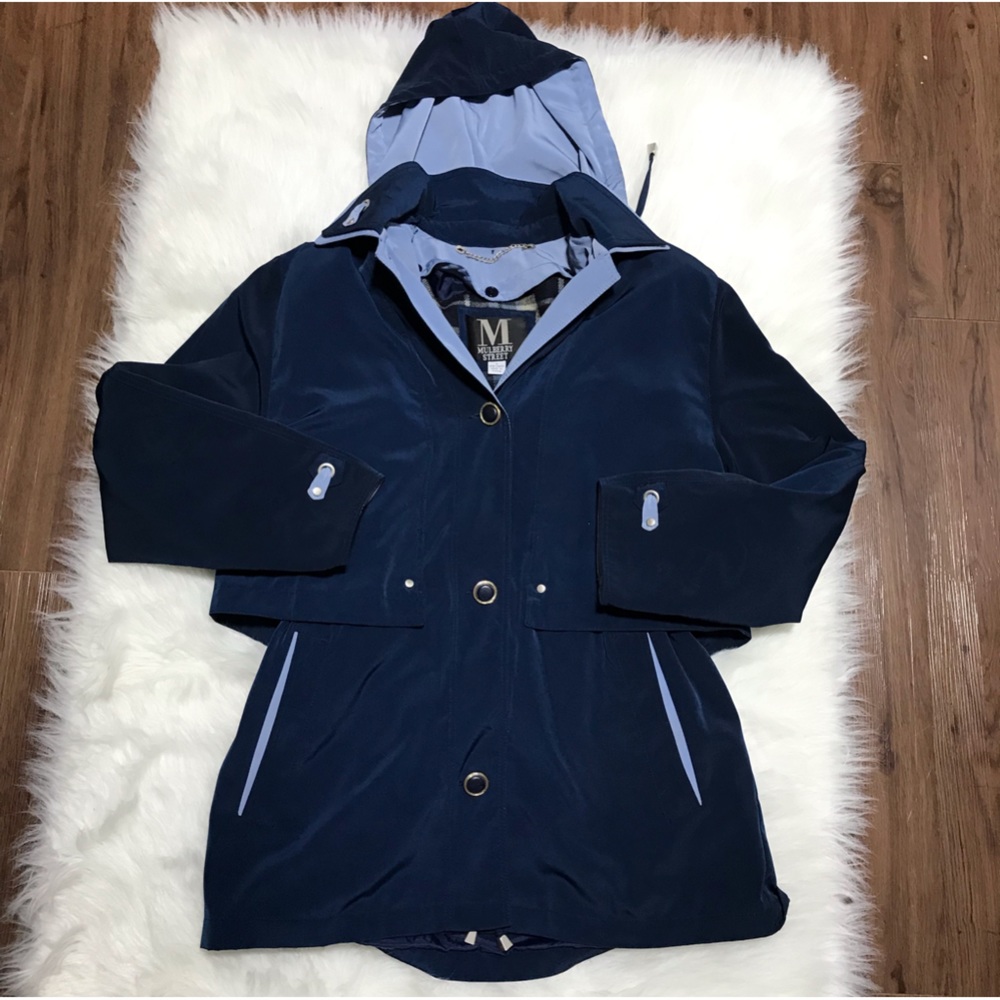 MULBERRY STEET Women's Royal & Light Blue COAT Plaid Lined Drawstring Waist sz M